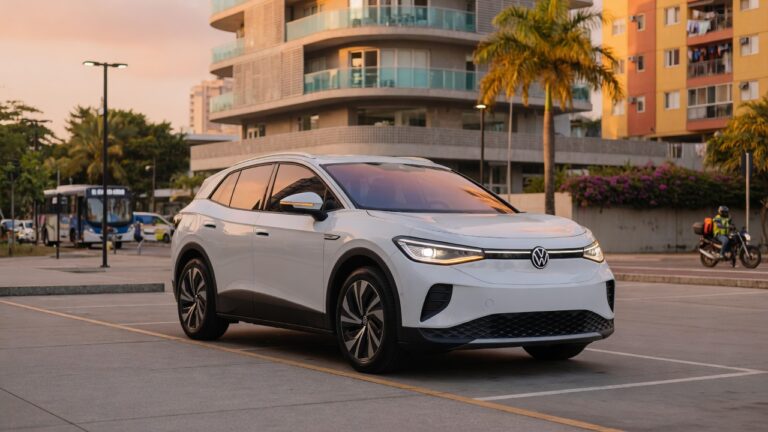 Volkswagen ID.Cross, SUV compacto elétrico branco em ambiente urbano moderno com iluminação natural