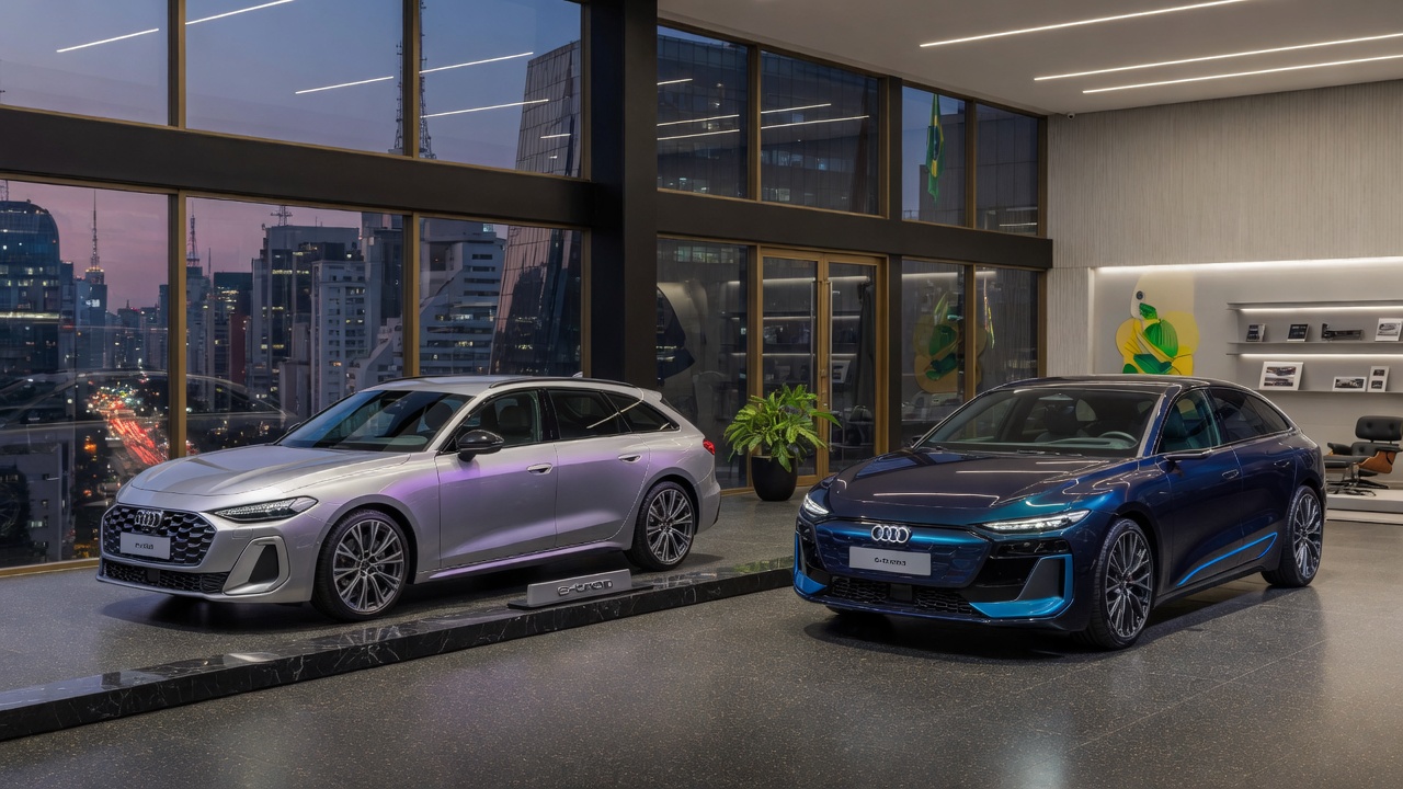 Audi A5 Avant e A6 Avant e-tron peruas expostas lado a lado em showroom premium no Brasil