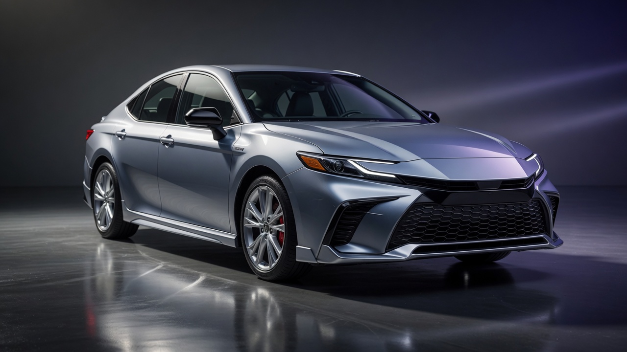 Toyota Camry esportivo em estúdio com design agressivo e linhas musculosas, representando o modelo de alta performance com dois motores