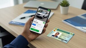 Mão segurando smartphone com aplicativo de compra e venda de carros ao lado da carteira de motorista CNH brasileira