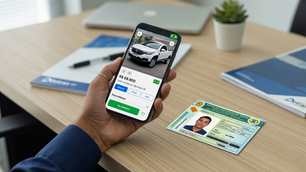 Mão segurando smartphone com aplicativo de compra e venda de carros ao lado da carteira de motorista CNH brasileira