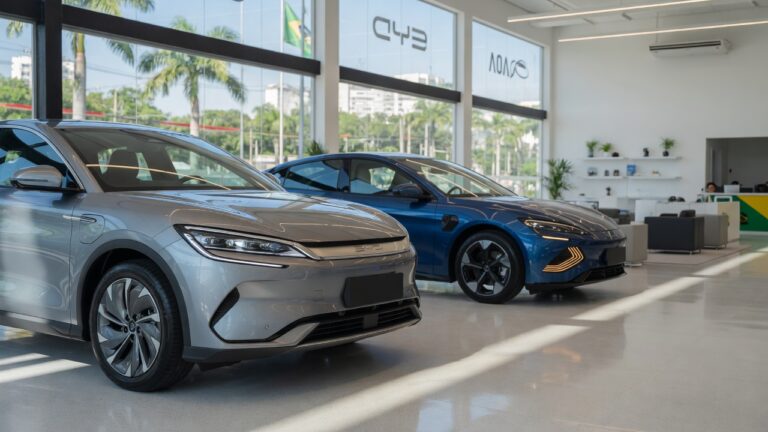 Carros modernos e eficientes expostos em concessionária brasileira com iluminação natural