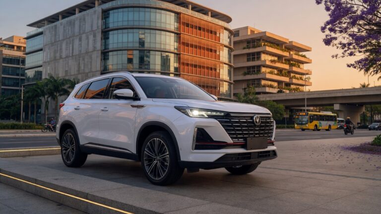 Caoa Changan CS75 SUV branco em ambiente urbano moderno, destacando seu design imponente e tamanho avantajado em relação aos concorrentes