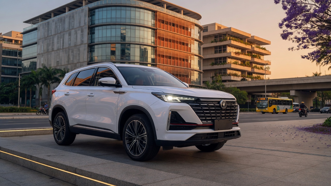 Caoa Changan CS75 SUV branco em ambiente urbano moderno, destacando seu design imponente e tamanho avantajado em relação aos concorrentes