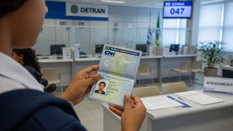 Jovem brasileiro segurando carteira de motorista CNH em escritório do DETRAN, representando a proposta de habilitação aos 16 anos