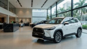 Toyota Corolla Cross 2027 estacionado em concessionária premium, destaque para design frontal e lateral do SUV