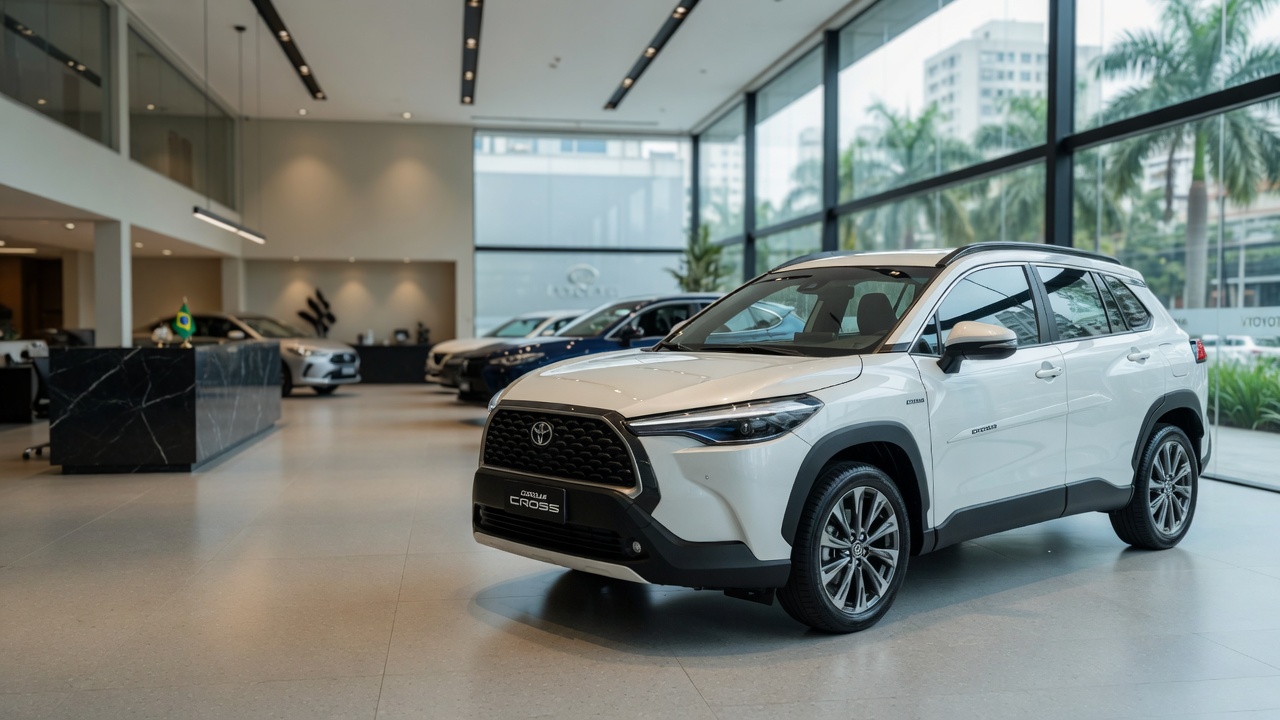 Toyota Corolla Cross 2027 estacionado em concessionária premium, destaque para design frontal e lateral do SUV