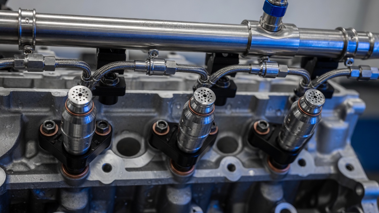 Close-up detalhado de sistema de injeção direta de combustível em motor automotivo moderno, mostrando bicos injetores e componentes metálicos
