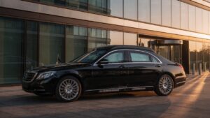 Mercedes-Benz S680 Guard blindado estacionado em frente a edifício corporativo moderno