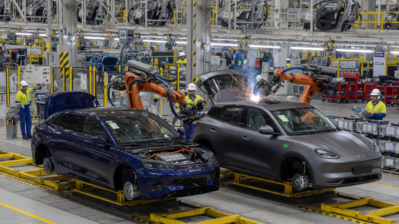 Veículos MG em linha de produção em fábrica automotiva no Brasil, mostrando o processo de manufatura nacional dos modelos MG4 Urban e MG S5