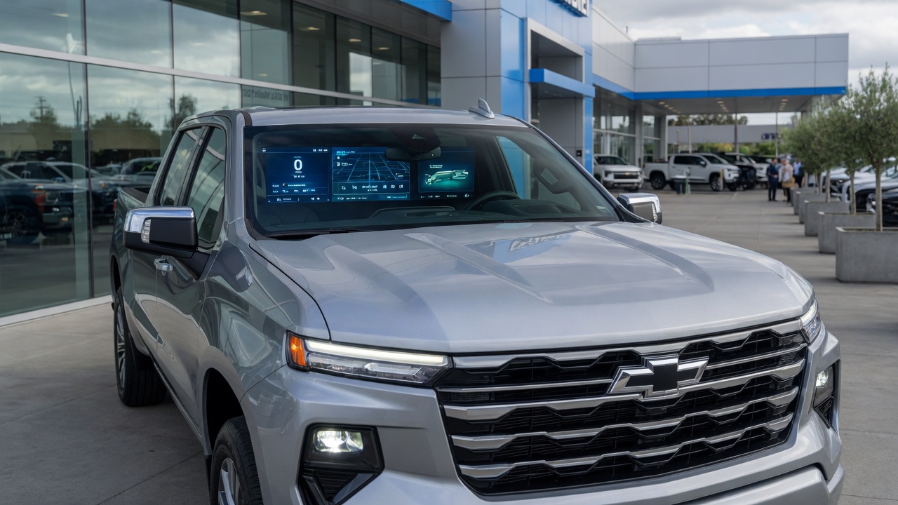 Chevrolet Silverado 2027 em ângulo frontal destacando design moderno e telas digitais do painel