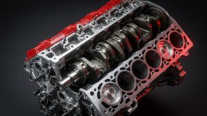 Motor V8 da Mercedes-AMG com virabrequim plano em destaque, mostrando detalhes da engenharia automotiva de alta performance