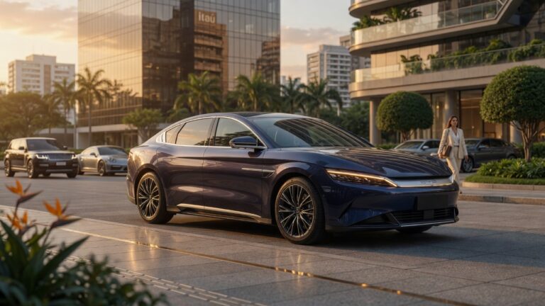 BYD Han sedã de luxo estacionado em ambiente urbano brasileiro, mostrando suas dimensões impressionantes e design elegante