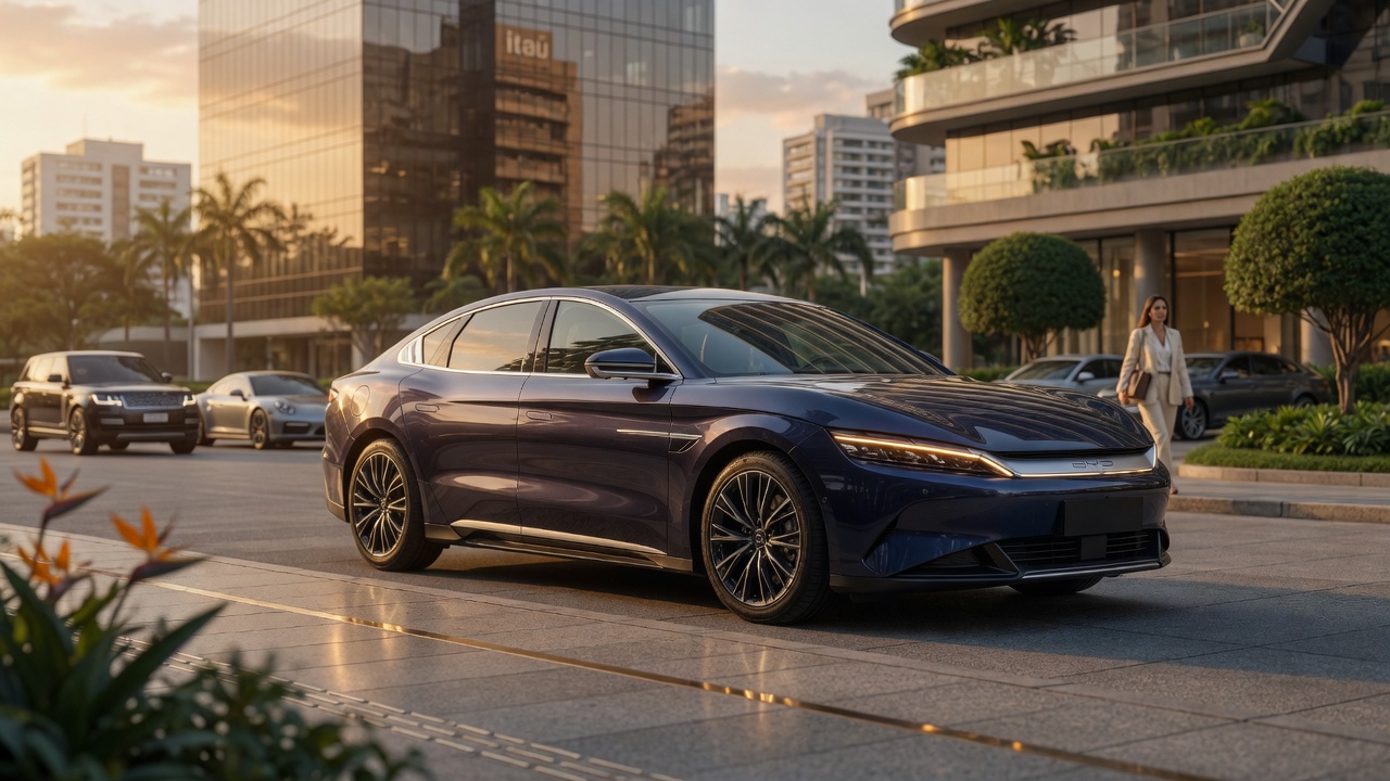 BYD Han sedã de luxo estacionado em ambiente urbano brasileiro, mostrando suas dimensões impressionantes e design elegante