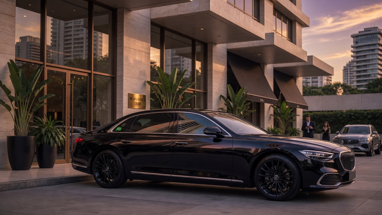 Carro sedan de luxo preto estacionado em frente a prédio moderno representando serviços premium de transporte por aplicativo