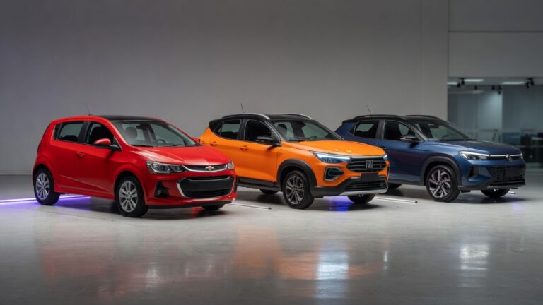 Três carros compactos - Chevrolet Sonic, Fiat Pulse e VW Tera - posicionados lado a lado em showroom automotivo para comparação