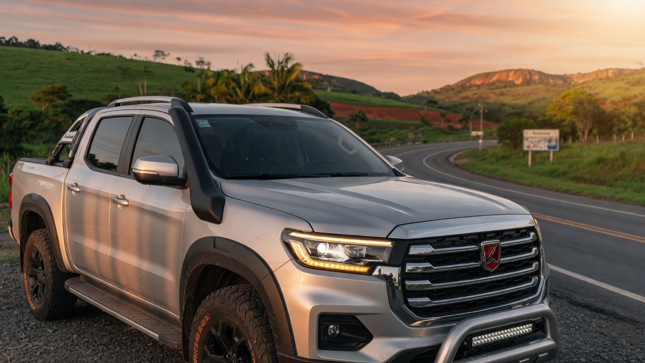 Picape híbrida plug-in 4x4 da Chery estacionada em rodovia brasileira com paisagem ao fundo