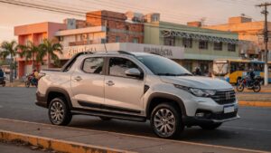 Fiat Strada 2027 pickup truck in silver color photographed from front three-quarter angle in urban setting