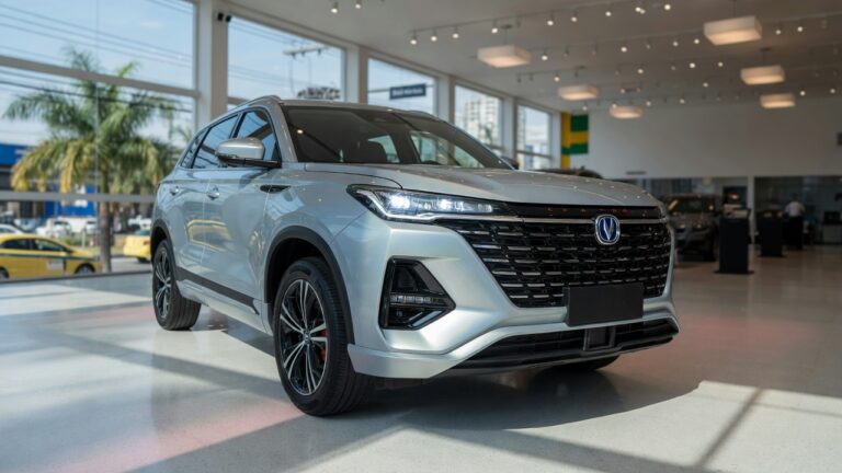 Caoa Changan CS75 SUV em concessionária brasileira, destaque para design frontal e acabamento prateado