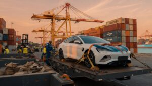 Veículo elétrico Leapmotor sendo descarregado em prancha de container em porto brasileiro