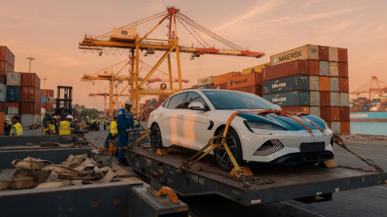 Veículo elétrico Leapmotor sendo descarregado em prancha de container em porto brasileiro