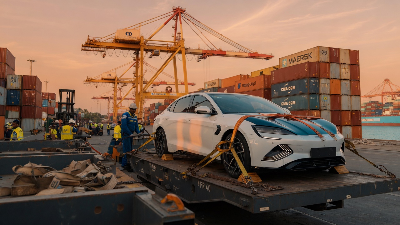 Veículo elétrico Leapmotor sendo descarregado em prancha de container em porto brasileiro