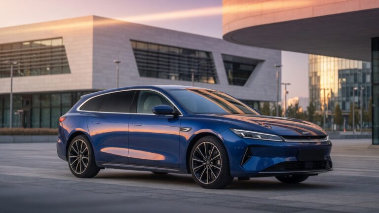 Lynk & Co 07 GT station wagon em ângulo três quartos frontal, destacando design moderno e esportivo da perua chinesa