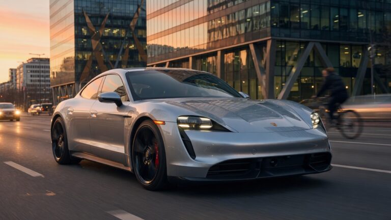 Porsche Taycan elétrico prateado em ambiente urbano moderno, fotografia automotiva profissional