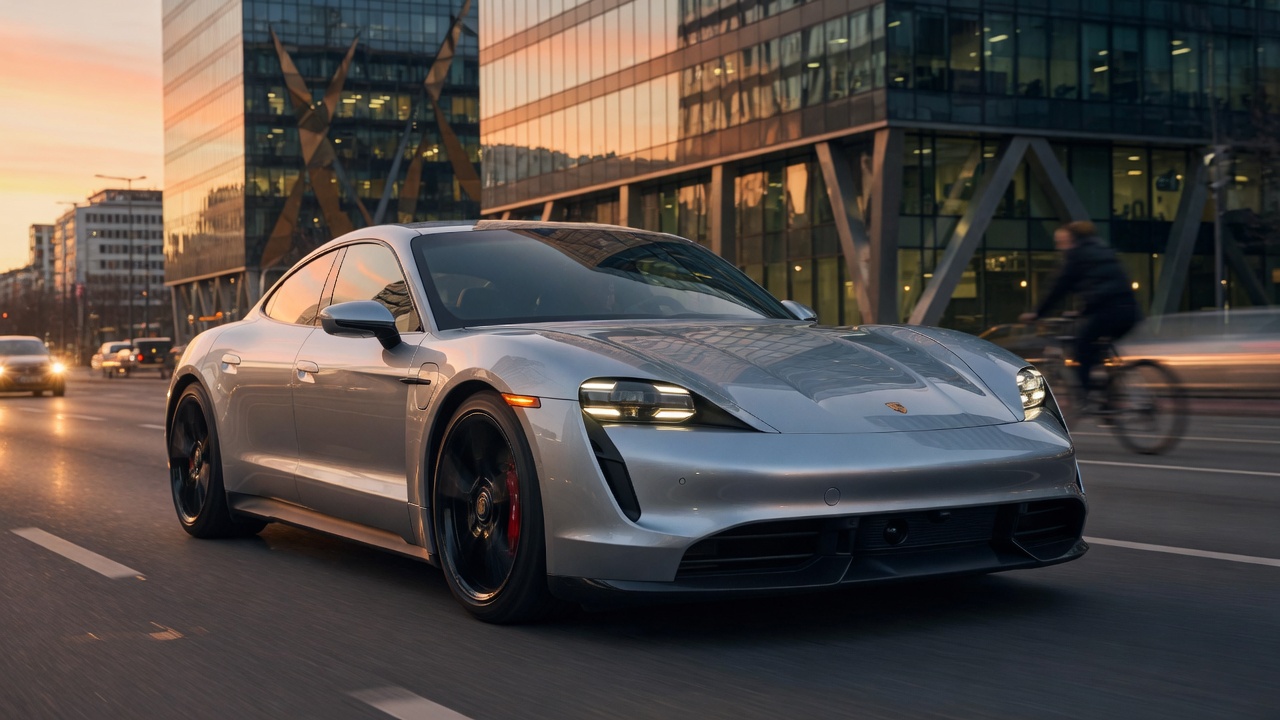 Porsche Taycan elétrico prateado em ambiente urbano moderno, fotografia automotiva profissional