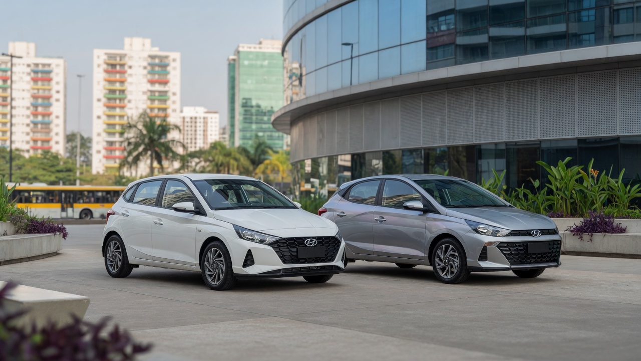 Hyundai i20 e HB20 lado a lado em comparação visual para análise de diferenças e custo-benefício