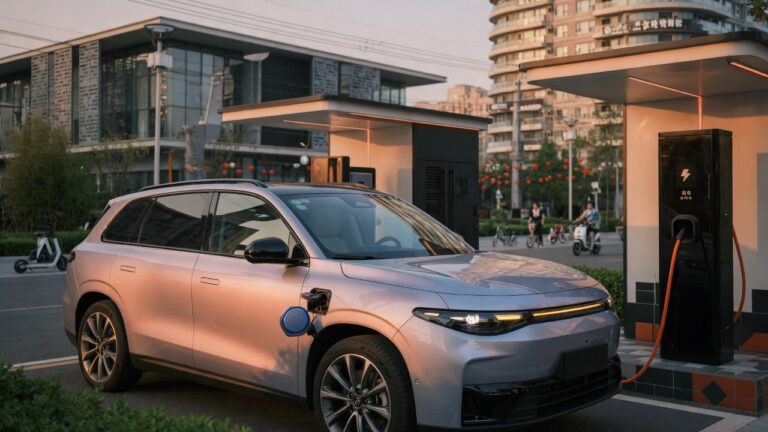 Leapmotor C10 SUV elétrico em estação de recarga na China, destacando design moderno e tecnologia de autonomia estendida