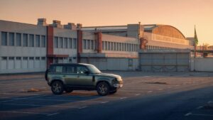 Land Rover SUV estacionado em frente a fábrica automotiva brasileira com portões fechados, simbolizando o encerramento da produção da marca no Brasil