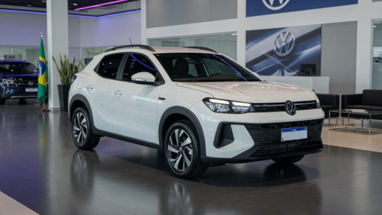 Volkswagen Tera SUV em showroom moderno com iluminação profissional destacando o design do veículo em promoção