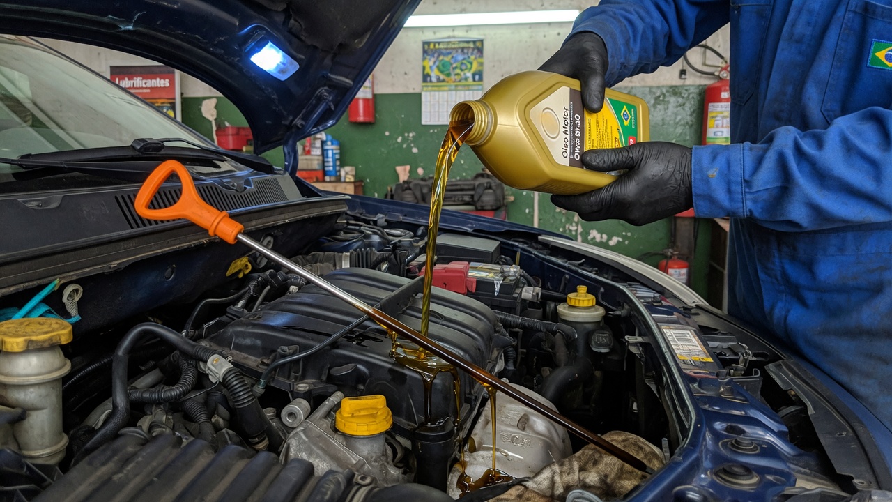 Mecânico verificando nível de óleo do motor com vareta medidora mostrando excesso acima do limite máximo