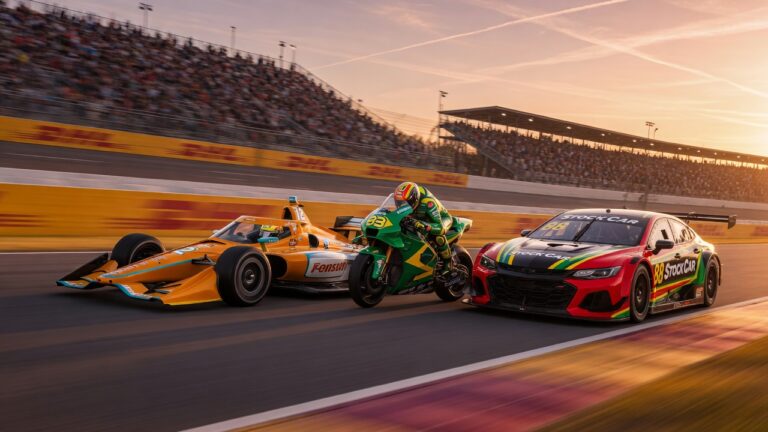 Veículos de corrida IndyCar, MotoGP e Stock Car em pista profissional representando o fim de semana de corridas