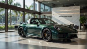 Porsche 911 Targa GTS híbrido em showroom premium, mostrando a icônica barra de proteção Targa