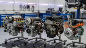 Comparação visual de quatro tipos de motores automotivos: flex, turbo, diesel e elétrico dispostos lado a lado em oficina profissional