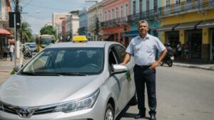 Taxista brasileiro ao lado de carro sedan novo com placa de táxi no teto em ambiente urbano