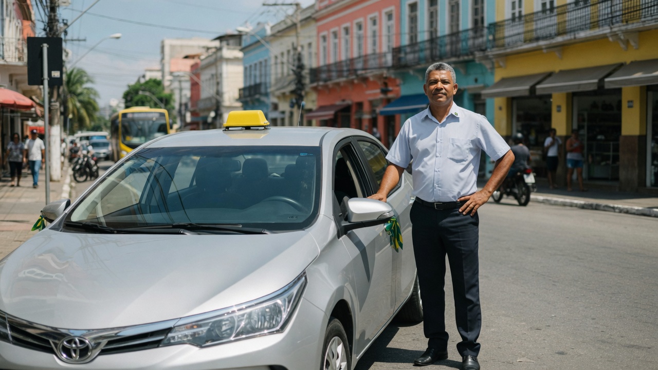Taxista brasileiro ao lado de carro sedan novo com placa de táxi no teto em ambiente urbano