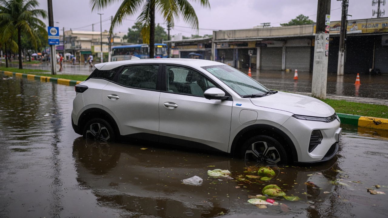Carro elétrico parcialmente submerso em enchente urbana com água atingindo as portas do veículo