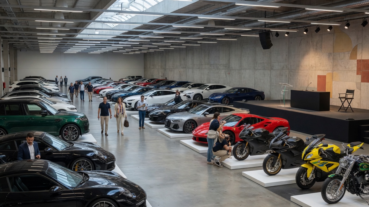 Interior de leilão de veículos mostrando carros e motos organizados para venda