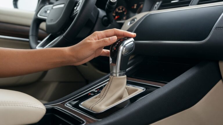 Close-up de motorista com a mão no câmbio automático de carro moderno