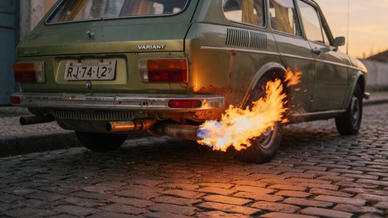 Vista traseira de carro clássico brasileiro dos anos 70 com chama saindo do escapamento cromado