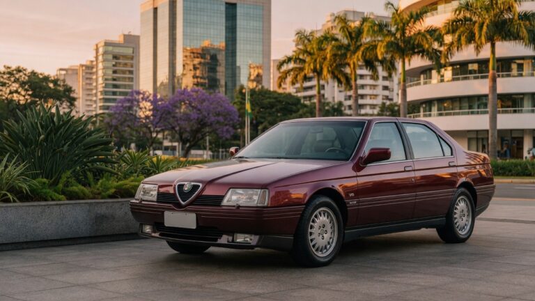 Alfa Romeo 164 sedã de luxo estacionado em ambiente urbano brasileiro, destaque para design italiano clássico e grade frontal distintiva