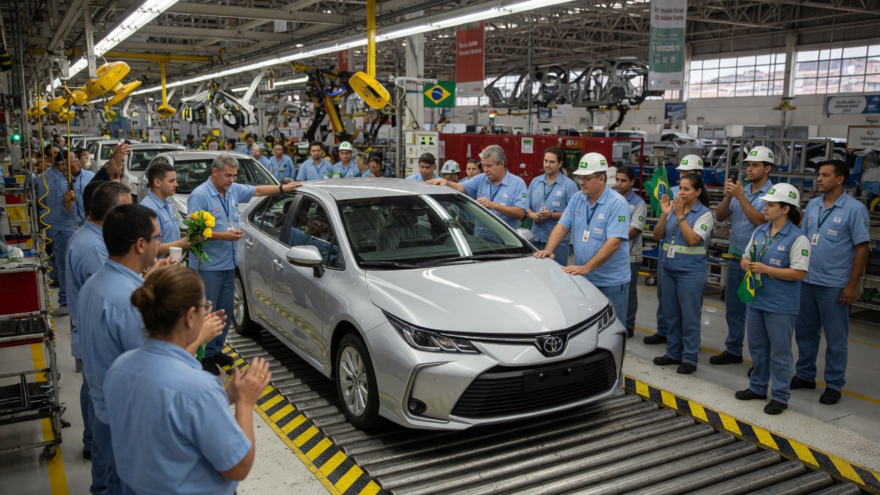 Último Toyota Corolla produzido na fábrica de Indaiatuba cercado por funcionários em cerimônia de despedida na linha de montagem