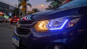 Close-up view of modern car with LED headlights illuminated, representing the LED headlight regulation debate in Brazil