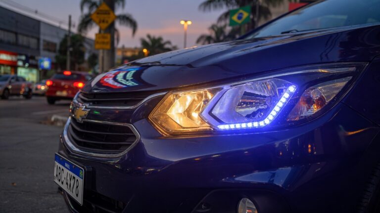 Close-up view of modern car with LED headlights illuminated, representing the LED headlight regulation debate in Brazil