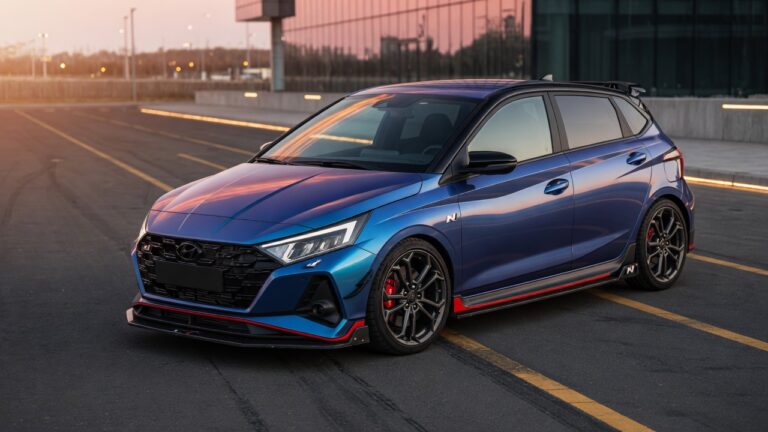 Hyundai i20 N esportivo em azul metálico com kit aerodinâmico e rodas esportivas em ambiente urbano moderno