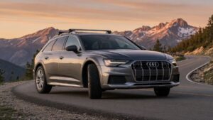 Audi A6 allroad com suspensão a ar elevada em estrada panorâmica
