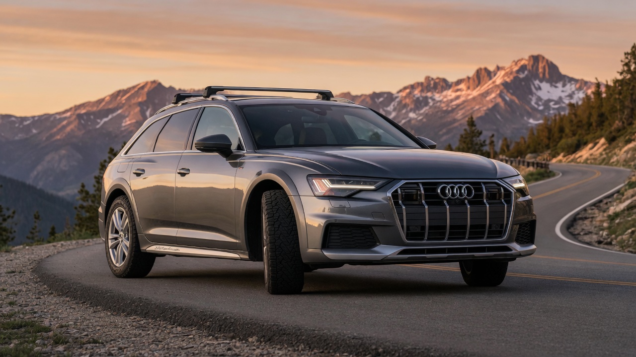 Audi A6 allroad com suspensão a ar elevada em estrada panorâmica